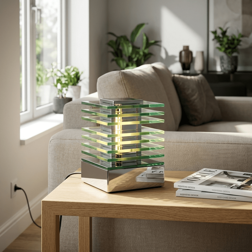 Desny Le Cube — side detail, layered glass over metal base